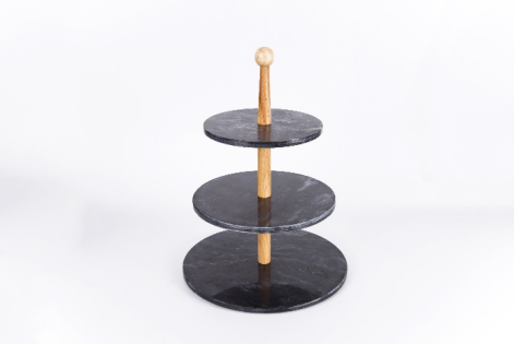 3 Tier Black Marble Cake Stand with Wood Handle