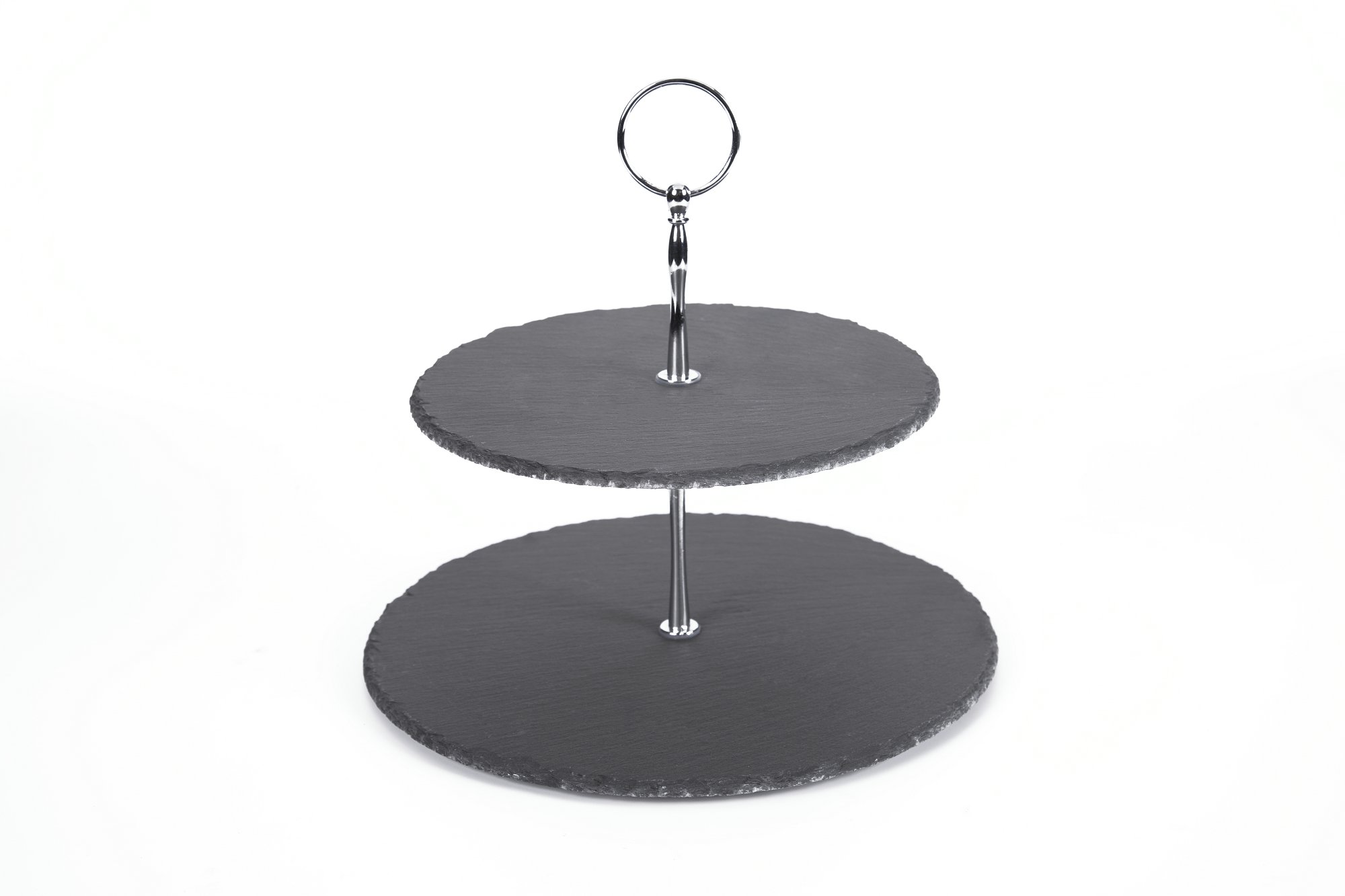 2 Tier Slate Cake Stand With Zinc Alloy Handle Round Rough Chipped Edges