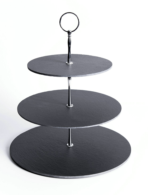 3 Tiers Slate Cake Stand With Zinc Alloy Handle Round Straight Cut Edges