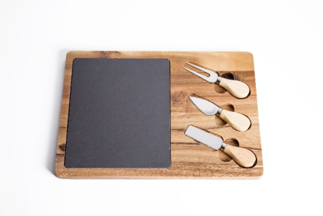 Slate & Acacia Wood Cheese Board with Cheese Knives