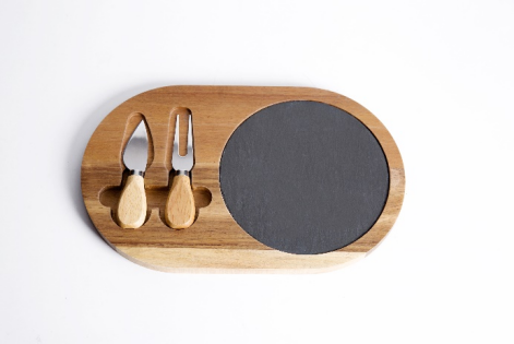 Slate & Acacia Wood Cheese Board with Cheese Knives