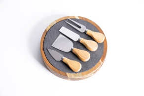 Round Slate & Acacia Wood Cheese Board with Cheese Knives