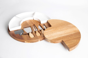 Round Slate & Acacia Wood Cheese Board with Cheese Knives & Cheese Tags