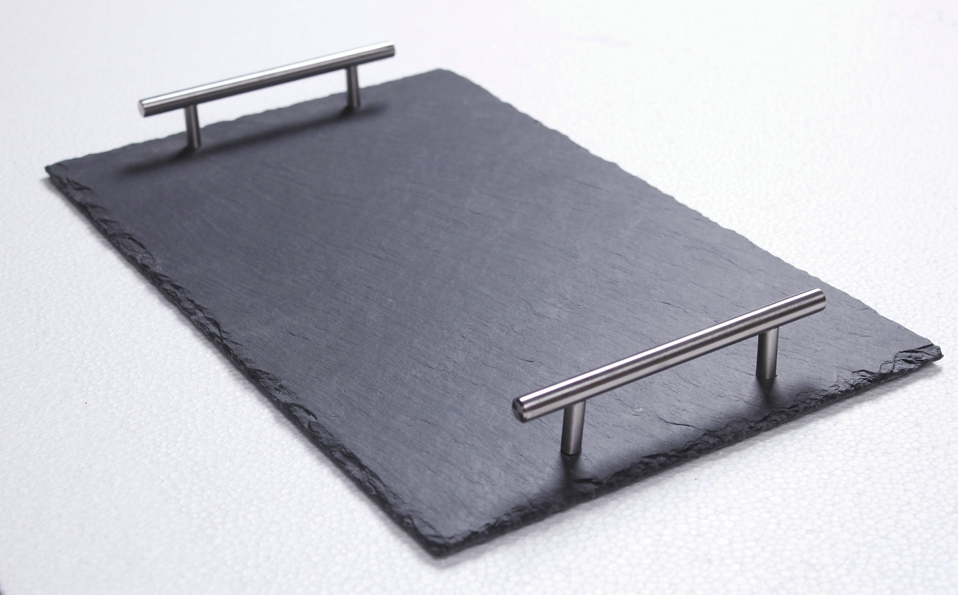 Slate Serving Tray With Stainless Steel Handles Rectangle Rough Chipped Edges