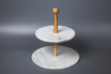2 Tier White Marble Cake Stand with Wood Handle