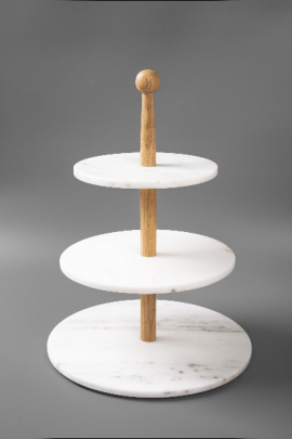 3 Tier White Marble Cake Stand with Wood Handle