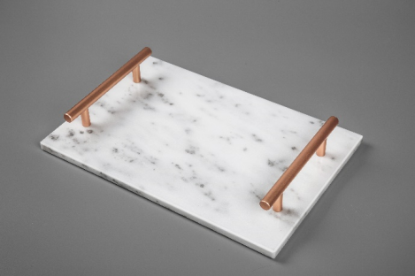 Cloud White Marble Serving Tray With Rose Gold Handles